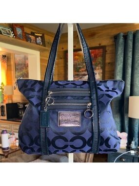 Coach Poppy Navy and Black Signature Canvas Tote